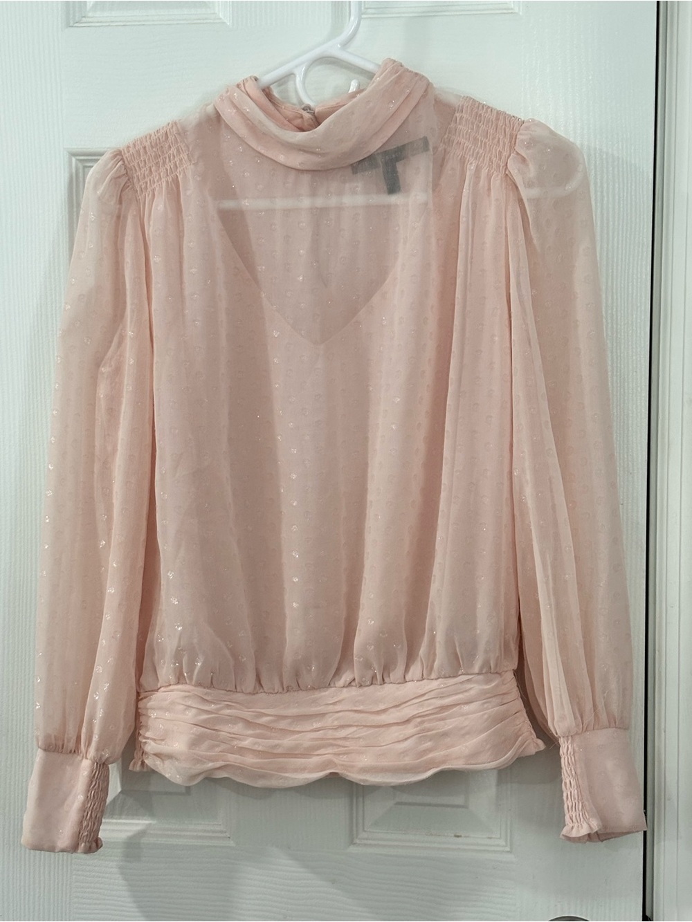 🐞White House Black Market Blush Sheer Dotted Ruffle-Neck Blouse - Picture 2 of 9
